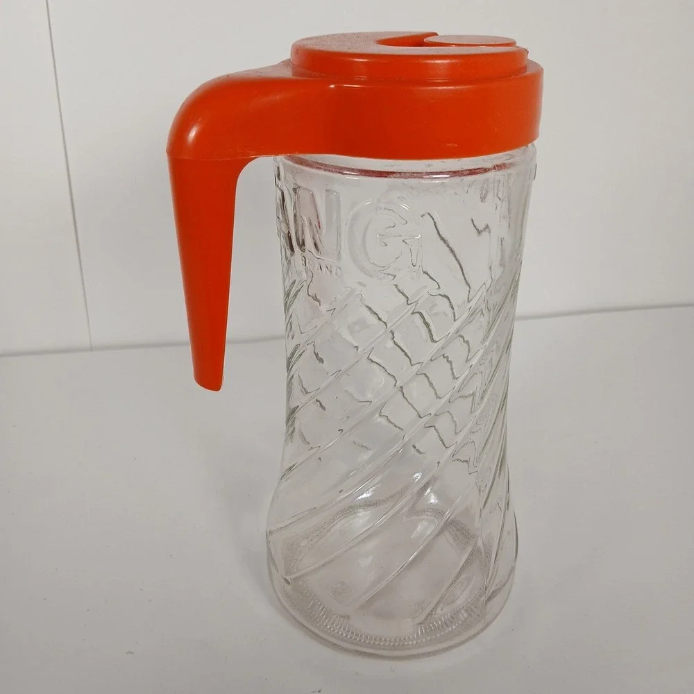 Vintage Anchor Hocking Glass Swirled Tang Pitcher with Orange Flip-Top Lid